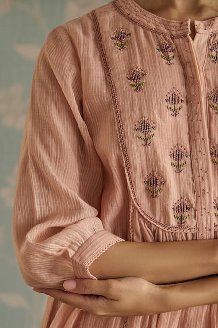 Shop_Kritika Dawar_Pink Chanderi, Cotton Beads, Lace Round Neck Maira Embroidered Kurta Set _Online_at_Aza_Fashions