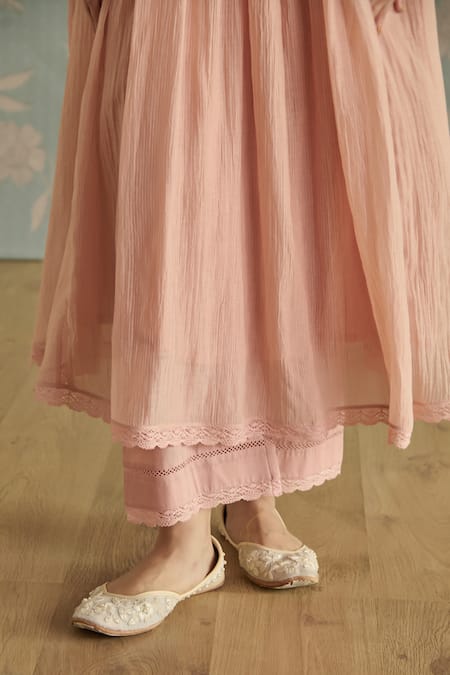 Kritika Dawar Pink Chanderi, Cotton Beads, Lace Round Fiza Handwoven Embroidered Kurta Set at Aza Fashions Kritika Dawar_Pink Chanderi, Cotton Beads, Lace Round Fiza Handwoven Embroidered Kurta Set _at_Aza_Fashions