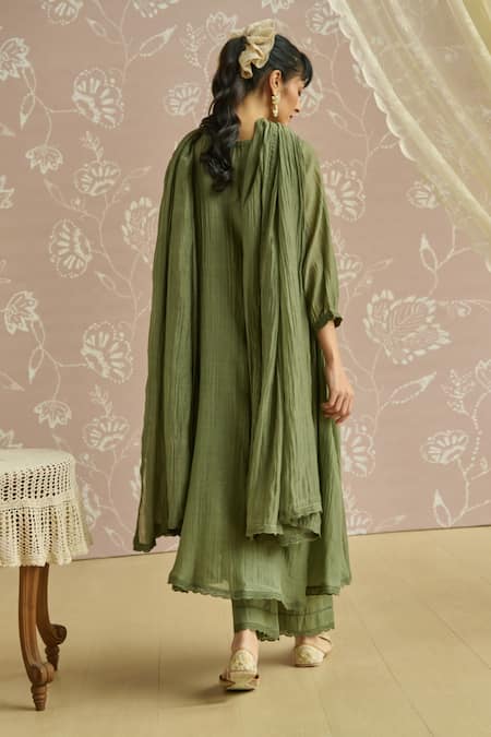 Shop_Kritika Dawar_Green Chanderi, Cotton Beads, Lace Round Naaz Handwoven Embroidered Kurta Set _at_Aza_Fashions