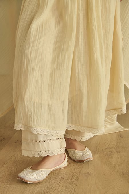 Shop_Kritika Dawar_Ivory Chanderi, Cotton Beads, Lace Round Naaz Handwoven Embroidered Kurta Set 