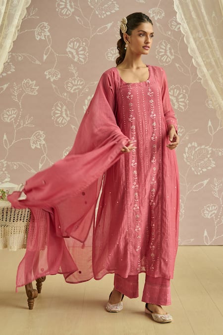 Shop Kritika Dawar Coral Chanderi, Cotton Embroidery, Sequins Square Roohi Panelled Kurta Set Online at Aza Fashions Shop_Kritika Dawar_Coral Chanderi, Cotton Embroidery, Sequins Square Roohi Panelled Kurta Set _Online_at_Aza_Fashions