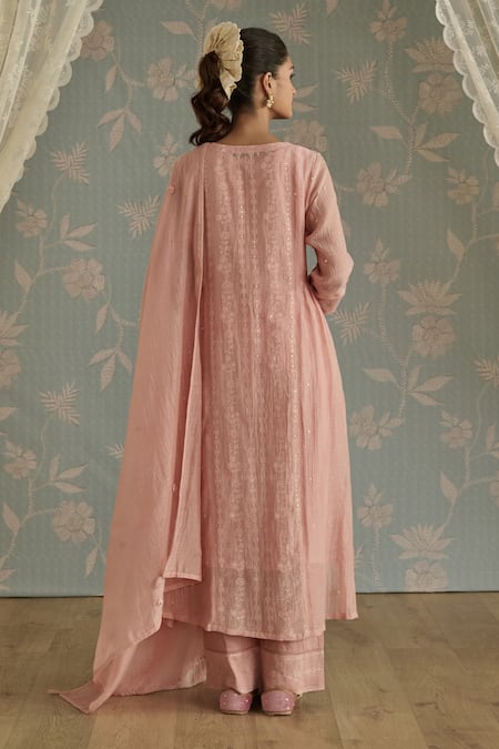Kritika Dawar Pink Chanderi, Cotton Sequins, Embroidery Square Neck Roohi Panelled Kurta Set Online at Aza Fashions Kritika Dawar_Pink Chanderi, Cotton Sequins, Embroidery Square Neck Roohi Panelled Kurta Set _Online_at_Aza_Fashions
