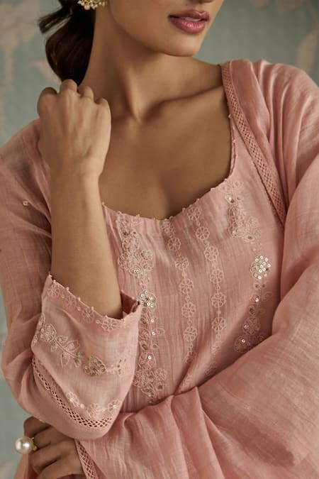 Buy Kritika Dawar Pink Chanderi, Cotton Sequins, Embroidery Square Neck Roohi Panelled Kurta Set Online at Aza Fashions Buy_Kritika Dawar_Pink Chanderi, Cotton Sequins, Embroidery Square Neck Roohi Panelled Kurta Set _Online_at_Aza_Fashions
