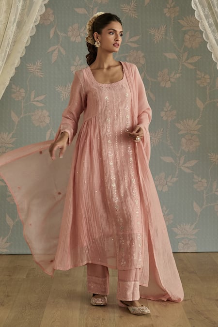 Shop Kritika Dawar Pink Chanderi, Cotton Sequins, Embroidery Square Neck Roohi Panelled Kurta Set Online at Aza Fashions Shop_Kritika Dawar_Pink Chanderi, Cotton Sequins, Embroidery Square Neck Roohi Panelled Kurta Set _Online_at_Aza_Fashions
