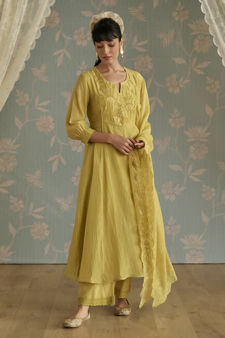 Kritika Dawar Yellow Chanderi, Cotton Embroidery Split V-neck Nora Dori A-line Kurta Set 