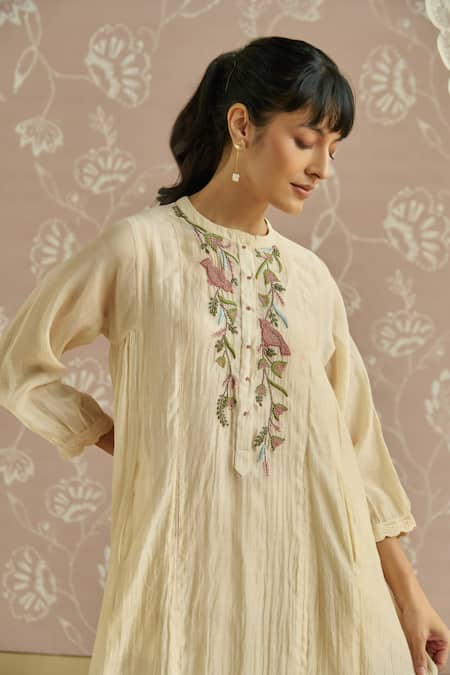 Buy Kritika Dawar Ivory Chanderi, Cotton Beads Round Neck Zehra Bird Embroidered Kurta Set Online at Aza Fashions Buy_Kritika Dawar_Ivory Chanderi, Cotton Beads Round Neck Zehra Bird Embroidered Kurta Set _Online_at_Aza_Fashions