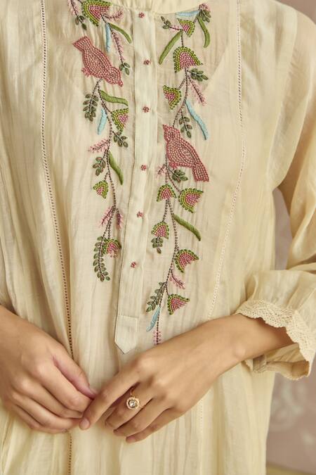 Shop Kritika Dawar Ivory Chanderi, Cotton Beads Round Neck Zehra Bird Embroidered Kurta Set Online at Aza Fashions Shop_Kritika Dawar_Ivory Chanderi, Cotton Beads Round Neck Zehra Bird Embroidered Kurta Set _Online_at_Aza_Fashions