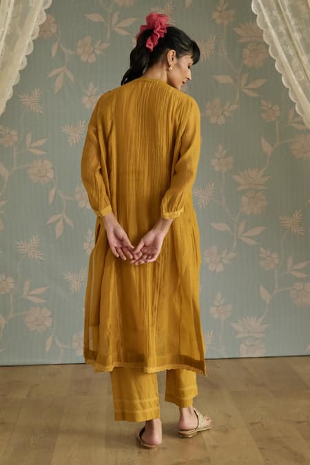Shop Kritika Dawar Yellow Chanderi, Cotton Beads Round Neck Zehra Bird Embroidered Kurta Set at Aza Fashions Shop_Kritika Dawar_Yellow Chanderi, Cotton Beads Round Neck Zehra Bird Embroidered Kurta Set _at_Aza_Fashions