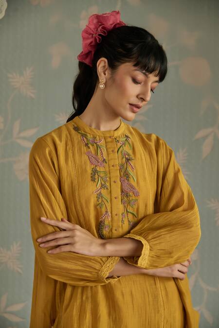 Buy Kritika Dawar Yellow Chanderi, Cotton Beads Round Neck Zehra Bird Embroidered Kurta Set Online at Aza Fashions Buy_Kritika Dawar_Yellow Chanderi, Cotton Beads Round Neck Zehra Bird Embroidered Kurta Set _Online_at_Aza_Fashions