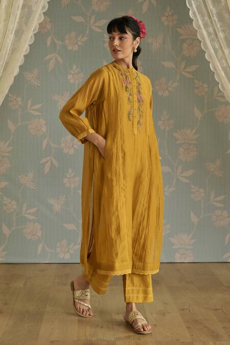 Shop Kritika Dawar Yellow Chanderi, Cotton Beads Round Neck Zehra Bird Embroidered Kurta Set Online at Aza Fashions Shop_Kritika Dawar_Yellow Chanderi, Cotton Beads Round Neck Zehra Bird Embroidered Kurta Set _Online_at_Aza_Fashions