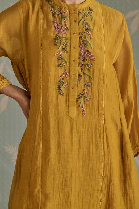 Buy Kritika Dawar Yellow Chanderi, Cotton Beads Round Neck Zehra Bird Embroidered Kurta Set Buy_Kritika Dawar_Yellow Chanderi, Cotton Beads Round Neck Zehra Bird Embroidered Kurta Set