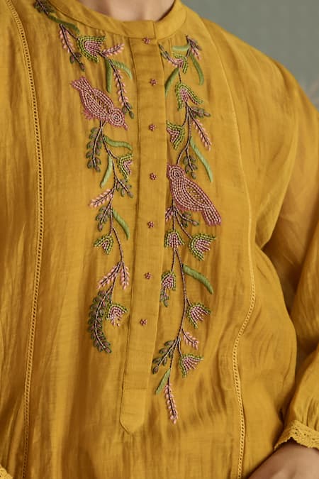 Shop Kritika Dawar Yellow Chanderi, Cotton Beads Round Neck Zehra Bird Embroidered Kurta Set Shop_Kritika Dawar_Yellow Chanderi, Cotton Beads Round Neck Zehra Bird Embroidered Kurta Set