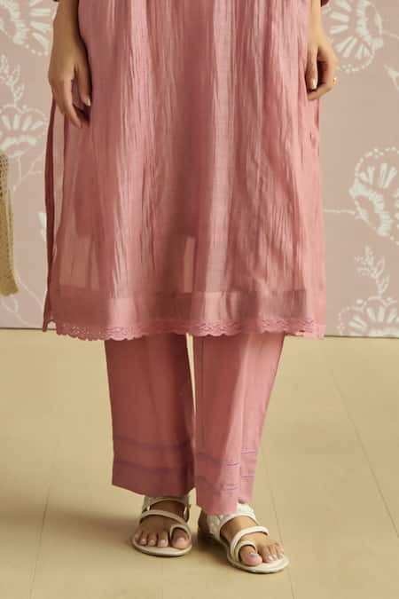 Shop_Kritika Dawar_Blush Chanderi, Cotton Beads, Embroidery Round Neck Zehra Bird Kurta Set 