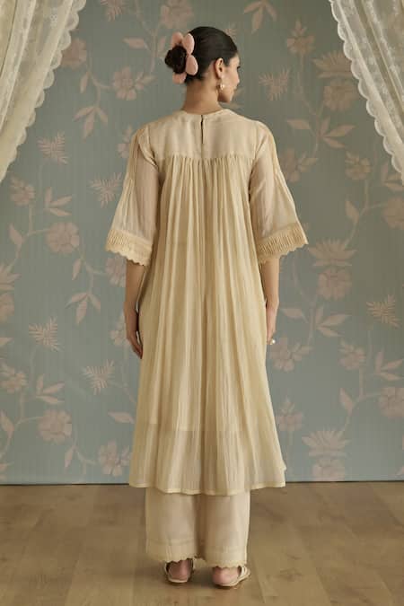 Kritika Dawar Ivory Chanderi Lace, Embroidery Round Neck Rosa Stripe Floral Pattern Kurta Online at Aza Fashions Kritika Dawar_Ivory Chanderi Lace, Embroidery Round Neck Rosa Stripe Floral Pattern Kurta _Online_at_Aza_Fashions