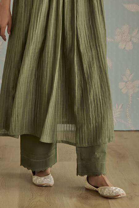 Kritika Dawar_Green Chanderi, Cotton Embroidery, Rosa Self Stripe Floral Pattern Kurta Set _Online_at_Aza_Fashions
