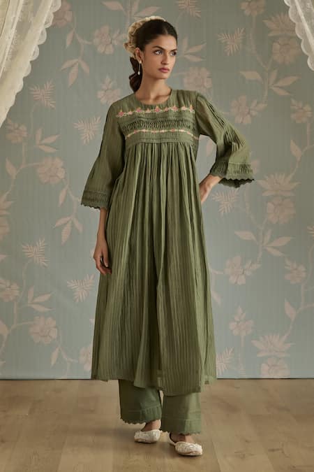 Kritika Dawar Green Chanderi, Cotton Embroidery, Rosa Self Stripe Floral Pattern Kurta Set