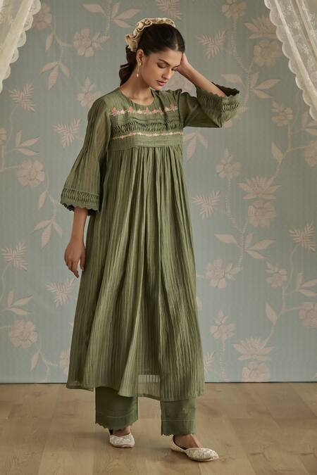 Shop_Kritika Dawar_Green Chanderi, Cotton Embroidery, Rosa Self Stripe Floral Pattern Kurta Set _Online_at_Aza_Fashions