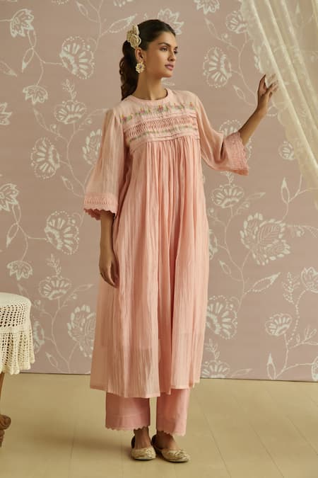 Shop Kritika Dawar Pink Chanderi, Cotton Embroidery Round Neck Rosa Stripe Floral Pattern Kurta Set Online at Aza Fashions Shop_Kritika Dawar_Pink Chanderi, Cotton Embroidery Round Neck Rosa Stripe Floral Pattern Kurta Set _Online_at_Aza_Fashions