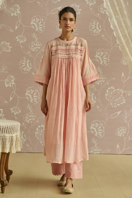 Buy Kritika Dawar Pink Chanderi Embroidery, Lace Round Neck Rosa Self Stripe Floral Pattern Tunic Online at Aza Fashions Buy_Kritika Dawar_Pink Chanderi Embroidery, Lace Round Neck Rosa Self Stripe Floral Pattern Tunic _Online_at_Aza_Fashions