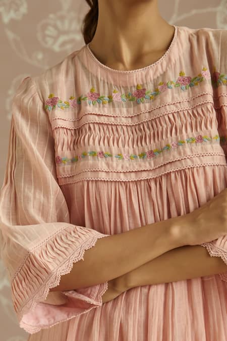 Kritika Dawar Pink Chanderi Embroidery, Lace Round Neck Rosa Self Stripe Floral Pattern Tunic at Aza Fashions Kritika Dawar_Pink Chanderi Embroidery, Lace Round Neck Rosa Self Stripe Floral Pattern Tunic _at_Aza_Fashions