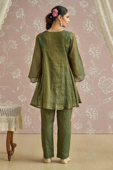 Shop Kritika Dawar Teal Tissue, Chanderi Sequins Split V-neck Zaina Hand Embroidered Kurta Set at Aza Fashions Shop_Kritika Dawar_Teal Tissue, Chanderi Sequins Split V-neck Zaina Hand Embroidered Kurta Set _at_Aza_Fashions