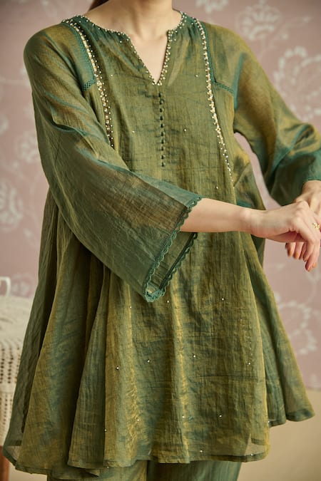 Shop Kritika Dawar Teal Tissue, Chanderi Sequins Split V-neck Zaina Hand Embroidered Kurta Set Online at Aza Fashions Shop_Kritika Dawar_Teal Tissue, Chanderi Sequins Split V-neck Zaina Hand Embroidered Kurta Set _Online_at_Aza_Fashions