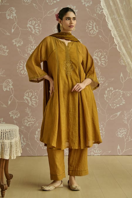 Buy Kritika Dawar Mustard Tissue, Silk Embroidery Round Neck Tara Hand Kurta Set Online at Aza Fashions Buy_Kritika Dawar_Mustard Tissue, Silk Embroidery Round Neck Tara Hand Kurta Set _Online_at_Aza_Fashions