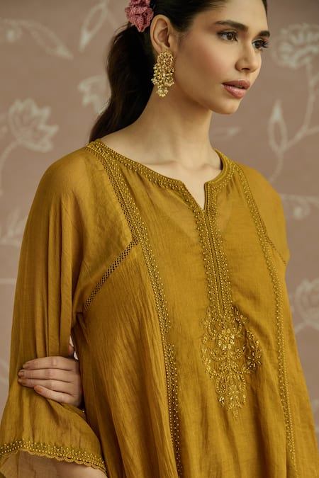 Kritika Dawar Mustard Tissue, Silk Embroidery Round Neck Tara Hand Kurta Set at Aza Fashions Kritika Dawar_Mustard Tissue, Silk Embroidery Round Neck Tara Hand Kurta Set _at_Aza_Fashions