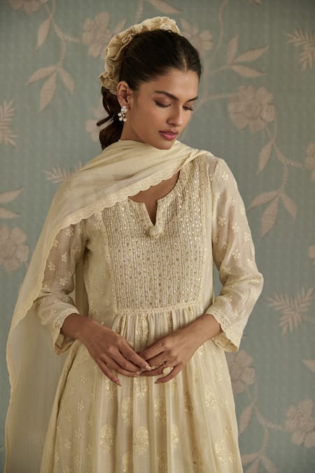 Shop Kritika Dawar Ivory Chanderi, Cotton Embroidery, Lace Keyhole Nera Floral A-line Kurta Set Online at Aza Fashions Shop_Kritika Dawar_Ivory Chanderi, Cotton Embroidery, Lace Keyhole Nera Floral A-line Kurta Set _Online_at_Aza_Fashions