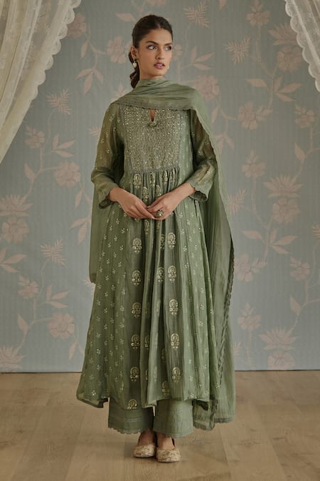 Buy Kritika Dawar Green Chanderi, Cotton Embroidery Round Neck Nera Floral A-line Kurta Set Online at Aza Fashions Buy_Kritika Dawar_Green Chanderi, Cotton Embroidery Round Neck Nera Floral A-line Kurta Set _Online_at_Aza_Fashions