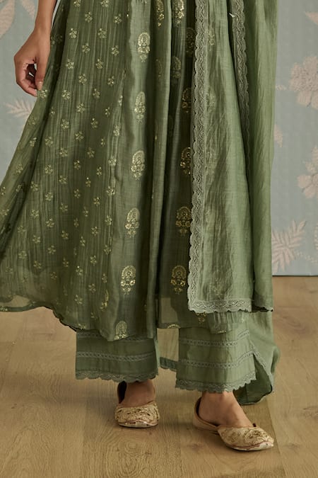 Shop Kritika Dawar Green Chanderi, Cotton Embroidery Round Neck Nera Floral A-line Kurta Set Online at Aza Fashions Shop_Kritika Dawar_Green Chanderi, Cotton Embroidery Round Neck Nera Floral A-line Kurta Set _Online_at_Aza_Fashions