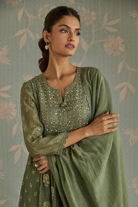 Kritika Dawar Green Chanderi, Cotton Embroidery Round Neck Nera Floral A-line Kurta Set at Aza Fashions Kritika Dawar_Green Chanderi, Cotton Embroidery Round Neck Nera Floral A-line Kurta Set _at_Aza_Fashions
