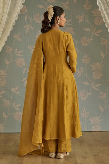 Kritika Dawar Mustard Chanderi, Cotton Embroidery, Lace V-neck Saira Hand A-line Kurta Set Online at Aza Fashions Kritika Dawar_Mustard Chanderi, Cotton Embroidery, Lace V-neck Saira Hand A-line Kurta Set _Online_at_Aza_Fashions