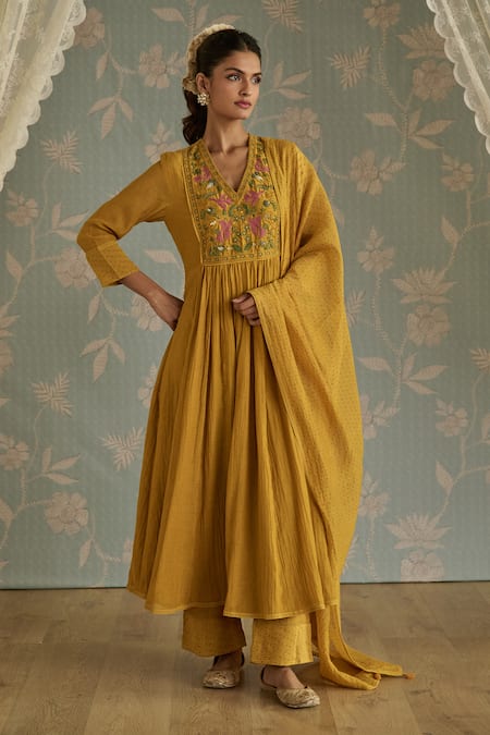 Buy Kritika Dawar Mustard Chanderi, Cotton Embroidery, Lace V-neck Saira Hand A-line Kurta Set Online at Aza Fashions Buy_Kritika Dawar_Mustard Chanderi, Cotton Embroidery, Lace V-neck Saira Hand A-line Kurta Set _Online_at_Aza_Fashions