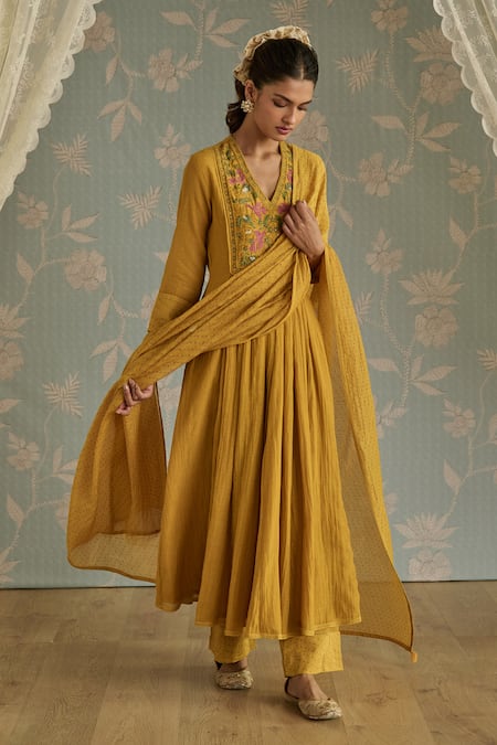 Shop Kritika Dawar Mustard Chanderi, Cotton Embroidery, Lace V-neck Saira Hand A-line Kurta Set Online at Aza Fashions Shop_Kritika Dawar_Mustard Chanderi, Cotton Embroidery, Lace V-neck Saira Hand A-line Kurta Set _Online_at_Aza_Fashions