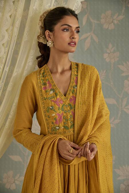 Kritika Dawar Mustard Chanderi, Cotton Embroidery, Lace V-neck Saira Hand A-line Kurta Set at Aza Fashions Kritika Dawar_Mustard Chanderi, Cotton Embroidery, Lace V-neck Saira Hand A-line Kurta Set _at_Aza_Fashions