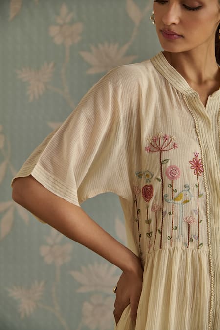 Buy_Kritika Dawar_Ivory Chanderi Cotton Embroidery Collared Azra Hand Front Open Tunic _Online_at_Aza_Fashions