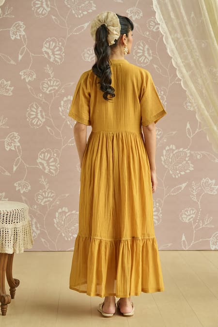 Kritika Dawar Yellow Chanderi Embroidery Collared Azra Hand Front Open Tunic Online at Aza Fashions Kritika Dawar_Yellow Chanderi Embroidery Collared Azra Hand Front Open Tunic _Online_at_Aza_Fashions