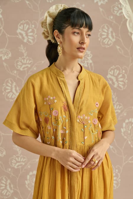 Shop Kritika Dawar Yellow Chanderi Embroidery Collared Azra Hand Front Open Tunic Online at Aza Fashions Shop_Kritika Dawar_Yellow Chanderi Embroidery Collared Azra Hand Front Open Tunic _Online_at_Aza_Fashions