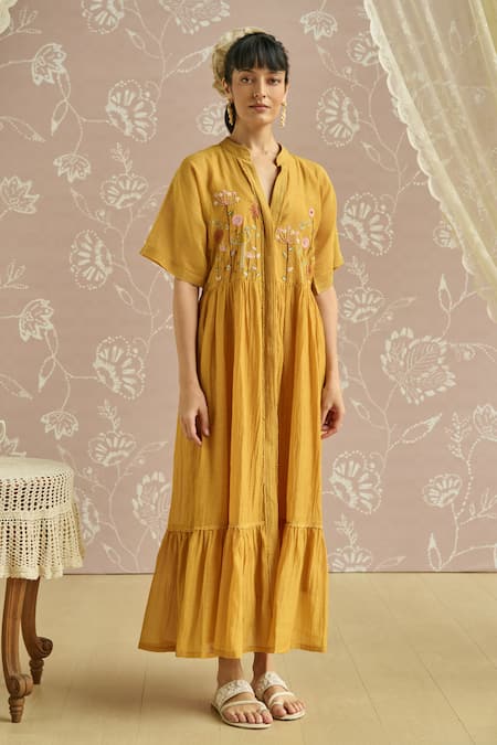 Kritika Dawar Yellow Chanderi Embroidery Collared Azra Hand Front Open Tunic at Aza Fashions Kritika Dawar_Yellow Chanderi Embroidery Collared Azra Hand Front Open Tunic _at_Aza_Fashions