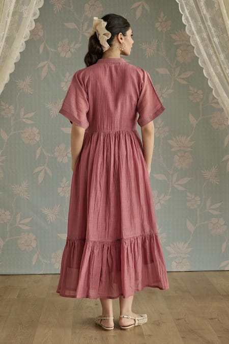 Shop Kritika Dawar Blush Chanderi Embroidery Mandarin Collar Azra Hand Front Open Tunic at Aza Fashions Shop_Kritika Dawar_Blush Chanderi Embroidery Mandarin Collar Azra Hand Front Open Tunic _at_Aza_Fashions