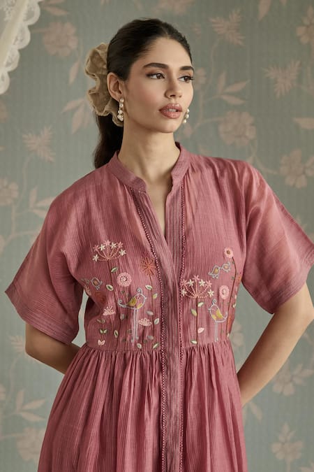 Buy Kritika Dawar Blush Chanderi Embroidery Mandarin Collar Azra Hand Front Open Tunic Online at Aza Fashions Buy_Kritika Dawar_Blush Chanderi Embroidery Mandarin Collar Azra Hand Front Open Tunic _Online_at_Aza_Fashions