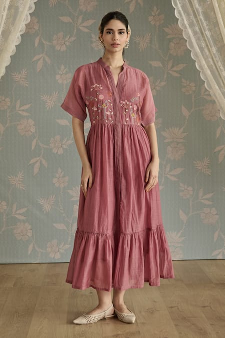 Kritika Dawar Blush Chanderi Embroidery Mandarin Collar Azra Hand Front Open Tunic