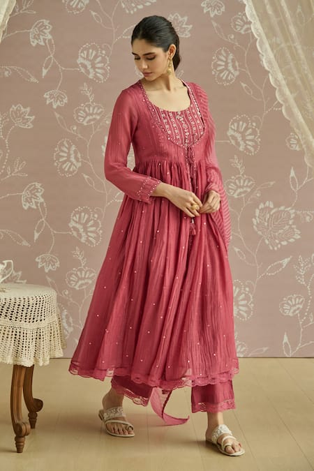Buy_Kritika Dawar_Coral Chanderi, Cotton, Organza Beads, Inaya Hand Embroidered Anarkali Set _Online_at_Aza_Fashions