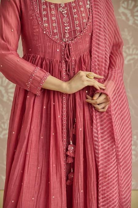 Kritika Dawar_Coral Chanderi, Cotton, Organza Beads, Inaya Hand Embroidered Anarkali Set _at_Aza_Fashions