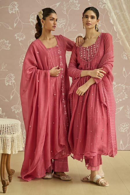 Buy_Kritika Dawar_Coral Chanderi, Cotton, Organza Beads, Inaya Hand Embroidered Anarkali Set 