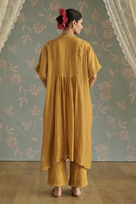 Shop Kritika Dawar Yellow Chanderi, Cotton Embroidery Mandarin Collar Ayat Hand Kaftaan Set at Aza Fashions Shop_Kritika Dawar_Yellow Chanderi, Cotton Embroidery Mandarin Collar Ayat Hand Kaftaan Set _at_Aza_Fashions