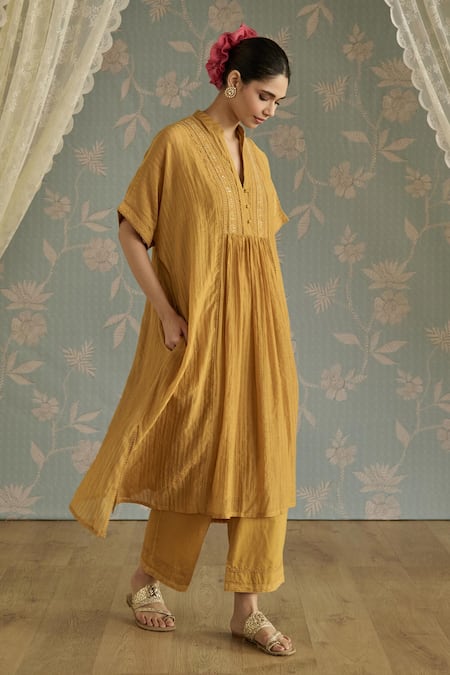 Shop Kritika Dawar Yellow Chanderi, Cotton Embroidery Mandarin Collar Ayat Hand Kaftaan Set Online at Aza Fashions Shop_Kritika Dawar_Yellow Chanderi, Cotton Embroidery Mandarin Collar Ayat Hand Kaftaan Set _Online_at_Aza_Fashions