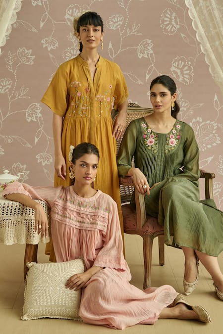 Kritika Dawar Yellow Chanderi, Cotton Embroidery Mandarin Collar Ayat Hand Kaftaan Set at Aza Fashions Kritika Dawar_Yellow Chanderi, Cotton Embroidery Mandarin Collar Ayat Hand Kaftaan Set _at_Aza_Fashions