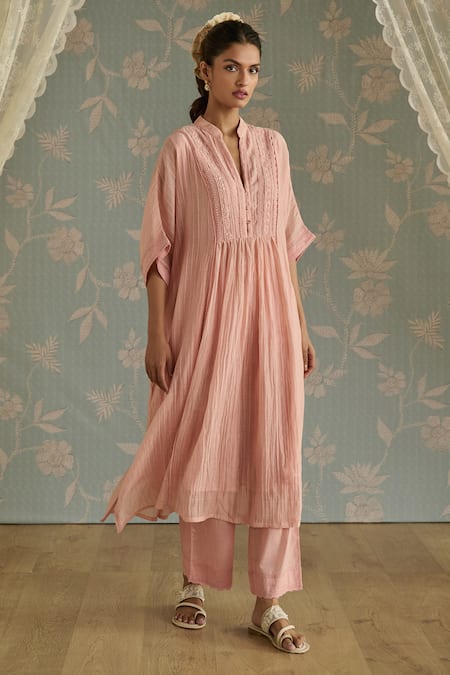 Shop Kritika Dawar Pink Chanderi, Cotton Embroidery Mandarin Collar Ayat Hand Kaftaan Set Online at Aza Fashions Shop_Kritika Dawar_Pink Chanderi, Cotton Embroidery Mandarin Collar Ayat Hand Kaftaan Set _Online_at_Aza_Fashions